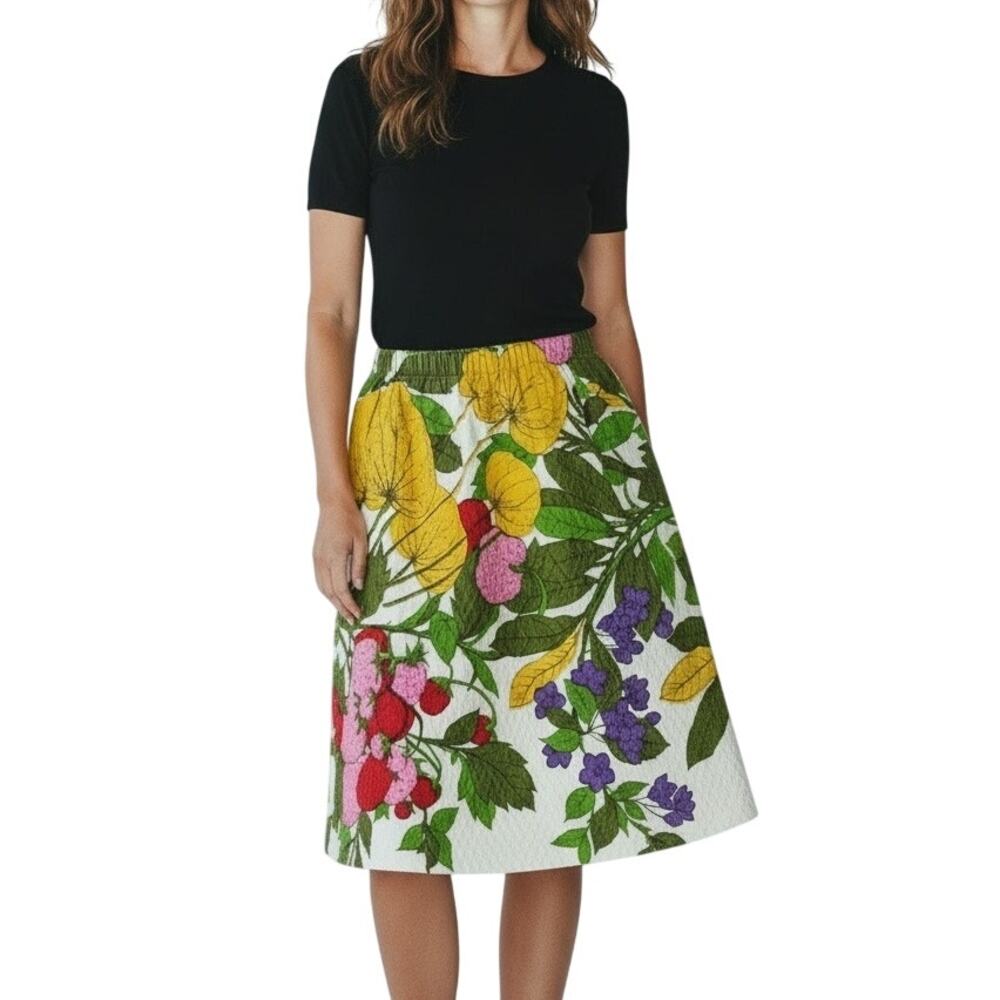 Vintage Floral Fruit Skirt Handmade Textured Elastic Waist A Line Midi M L